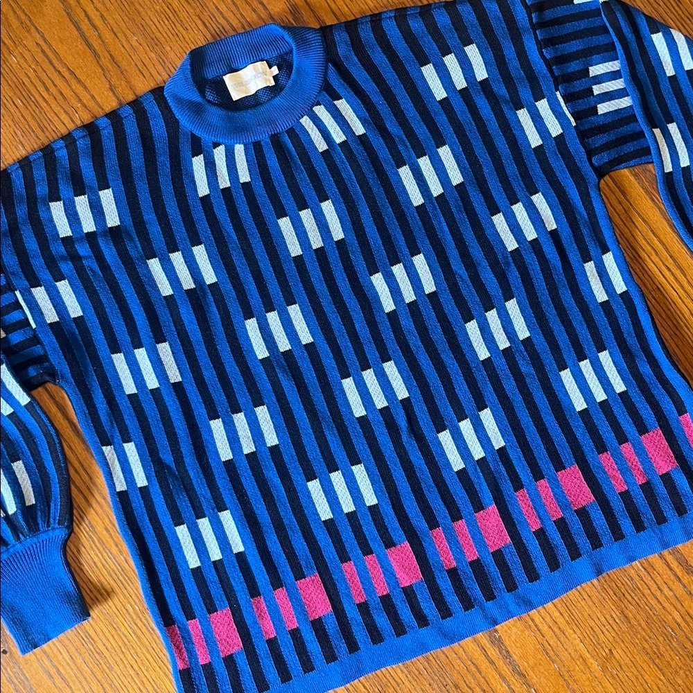 Blue Striped Crewneck Sweater with Pink Accent